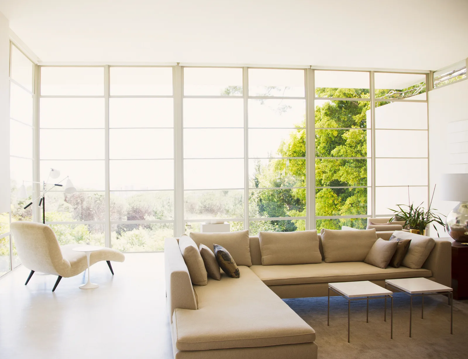 Open living room wrapped in floor-to-ceiling glazing looking onto trees