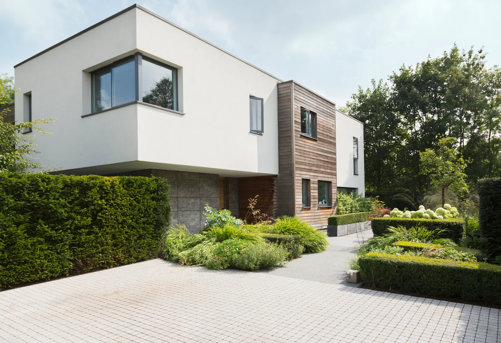 Modern render-and-cedar house with deep-set windows